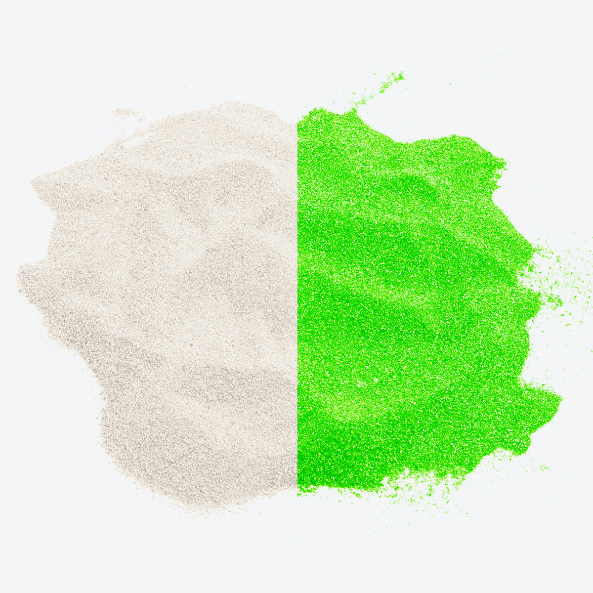 Serene Green Aura Glow Sand, half white as it looks in daylight and half bright green as it glows