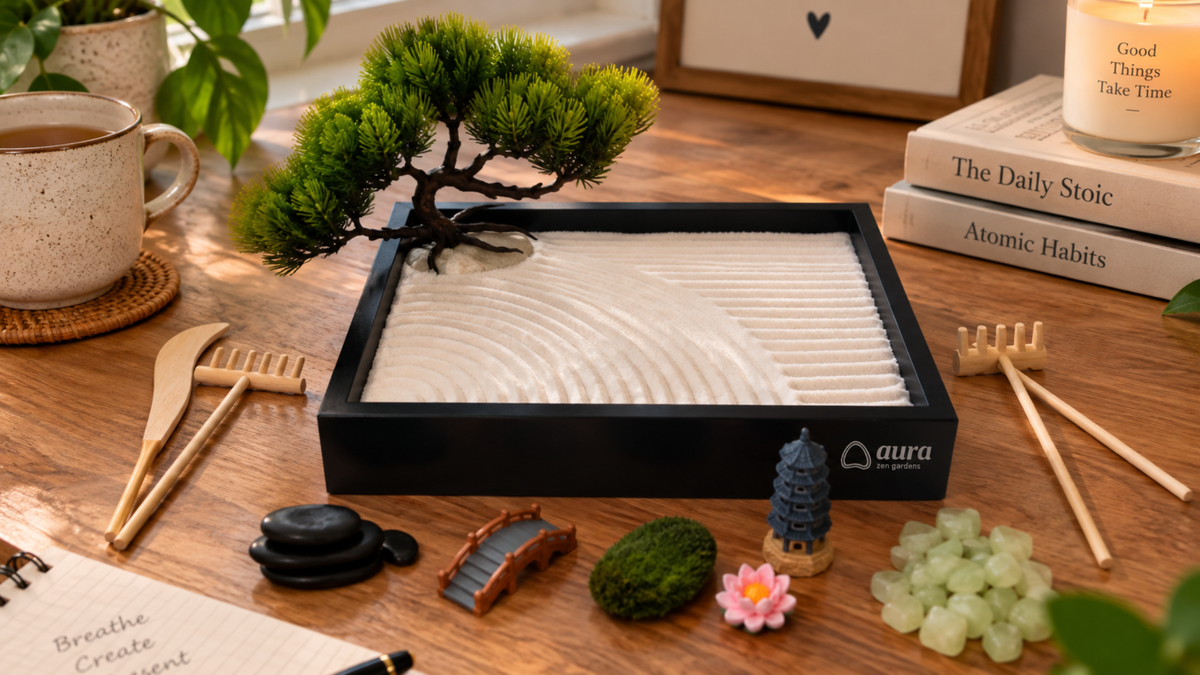 Aura Zen Garden kit laid out on a wooden table with a bonsai tree, rakes, stones, and decorations