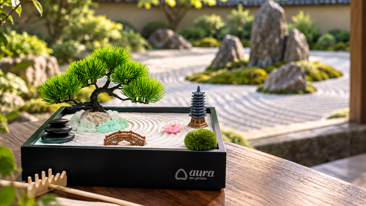 Aura Zen Garden on a wooden veranda overlooking a traditional Japanese rock garden