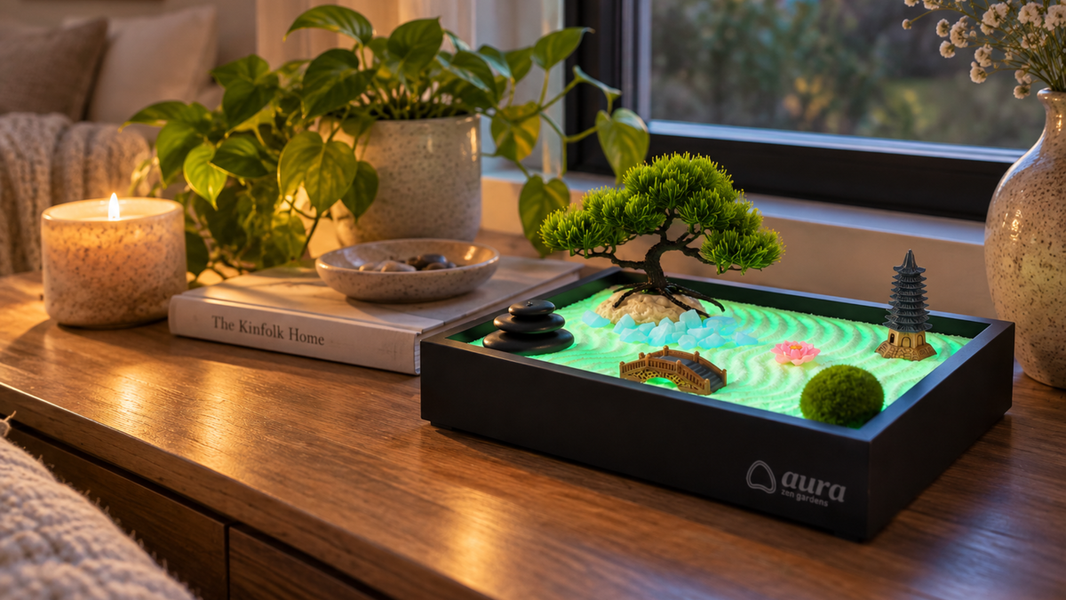 Aura Zen Garden glowing softly on a table by a window, beside a candle and houseplants