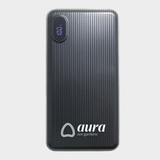 Black power bank with 'aura' logo on a light gray background